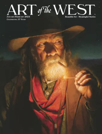Oil painting of a older man keeping watch while smoking a cigar at night by Alfredo Rodriguez