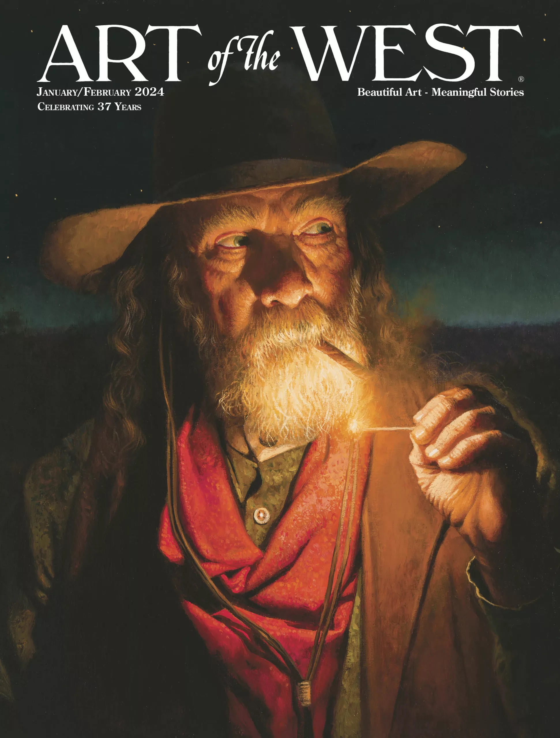 Oil painting of a older man keeping watch while smoking a cigar at night by Alfredo Rodriguez