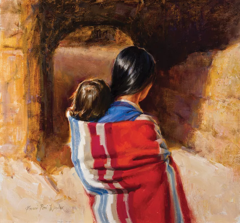 Oil painting of mother carrying child on her back with a wrapped blanket