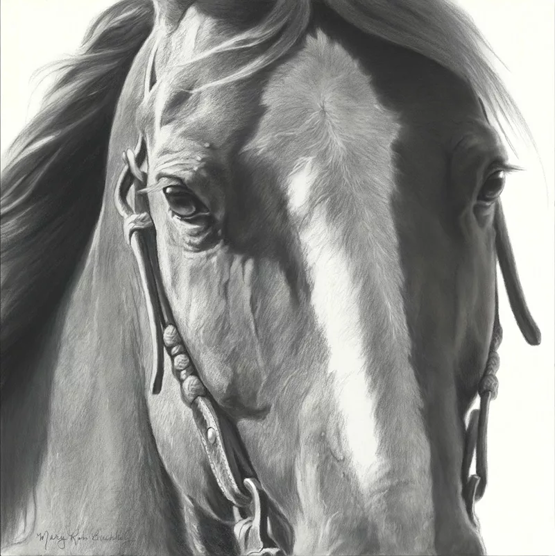 Charcoal graphite gon gessoed piece of a horses face close up by Mary Ross Buchholz
