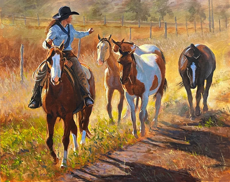 Acrylic painting of a cowgirl on a horse riding with 4 more horses behind her.