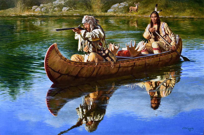 Oil of tow natives in a canoe stalking an animal with a deer stalking them by Alfredo Rodriguez.
