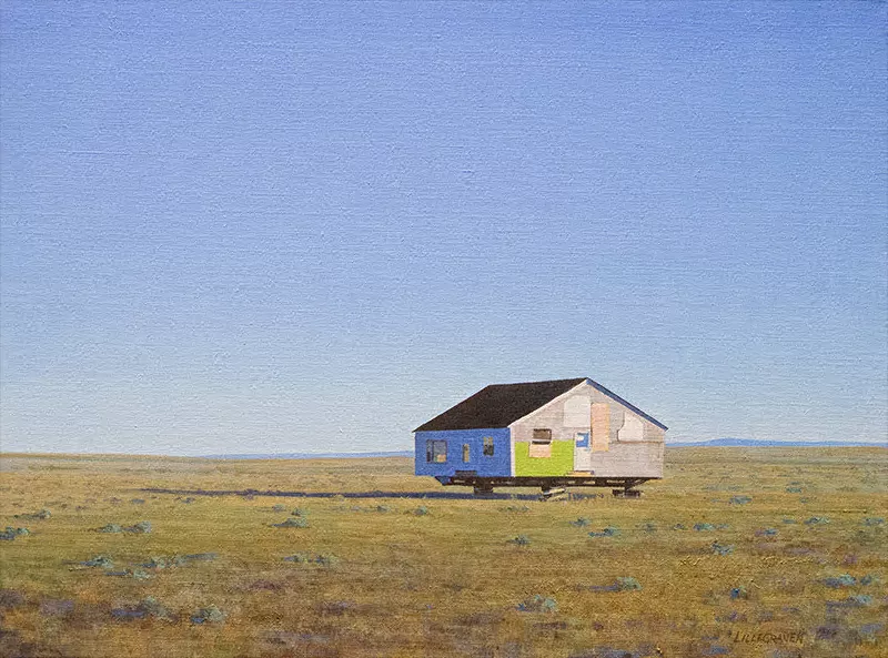Oil of a house on stilts on the prairie by Linda Lillegraven.