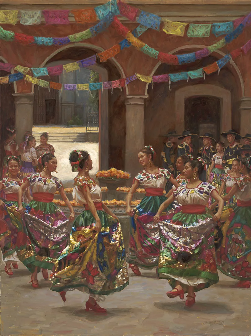 Oil painting of women in colorful dresses at a traditional festival dancing by Gladys Roldan-de-Moras.