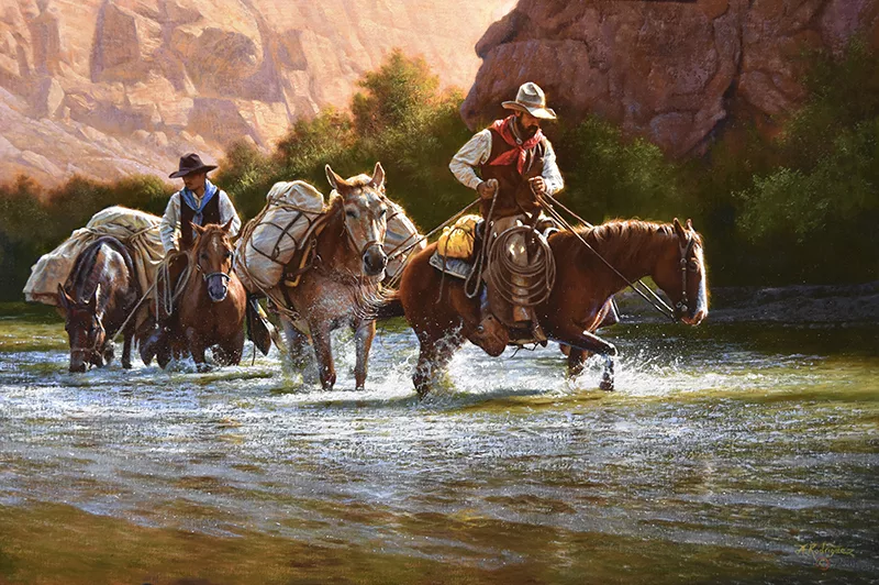 Oil of two cowboys on horses crossing the Cheyenne River by Alfredo Rodriguez.