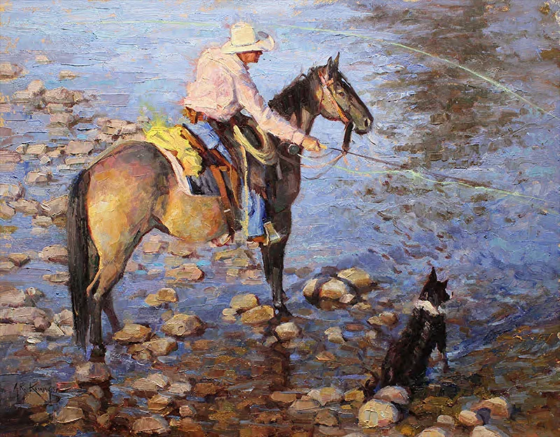 Oil painting of a man on a rose fly fishing on the banks of a river with his dog by Rick Kennington.