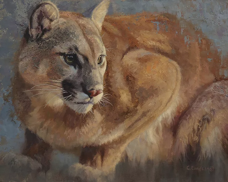 Oil painting of a cougar haunched by Carol Lundeen.