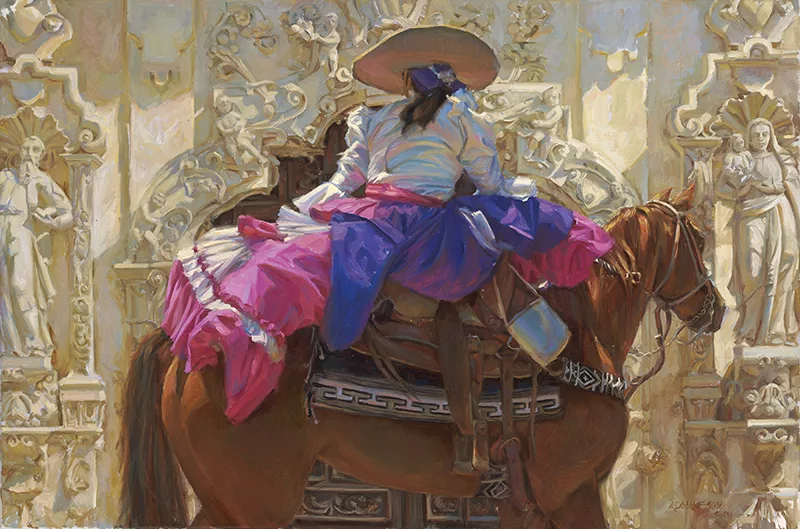 An oil painting of a woman on a horse in front of a building by Gladys Roldan-de-Moras.