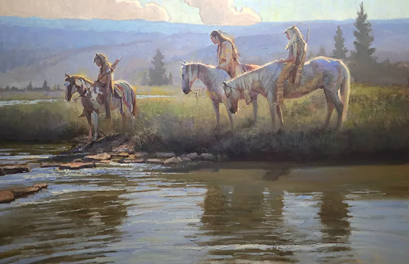 Oil of 3 native figures on horses looking towards tracks that end at a river by Rick Kennington